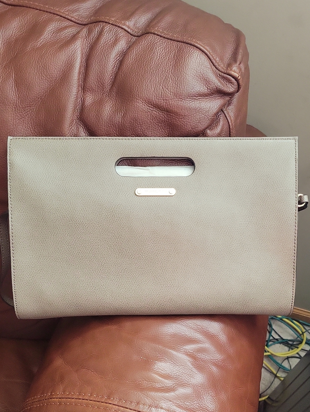 Michael Kors Beige Textured Leather Clutch with Gold Plate